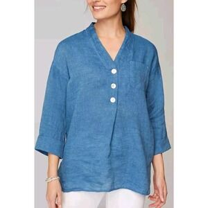 J. Jill Pure Jill Yarn-Dyed Linen Button Front Tunic Top Dark Blue Quartz M